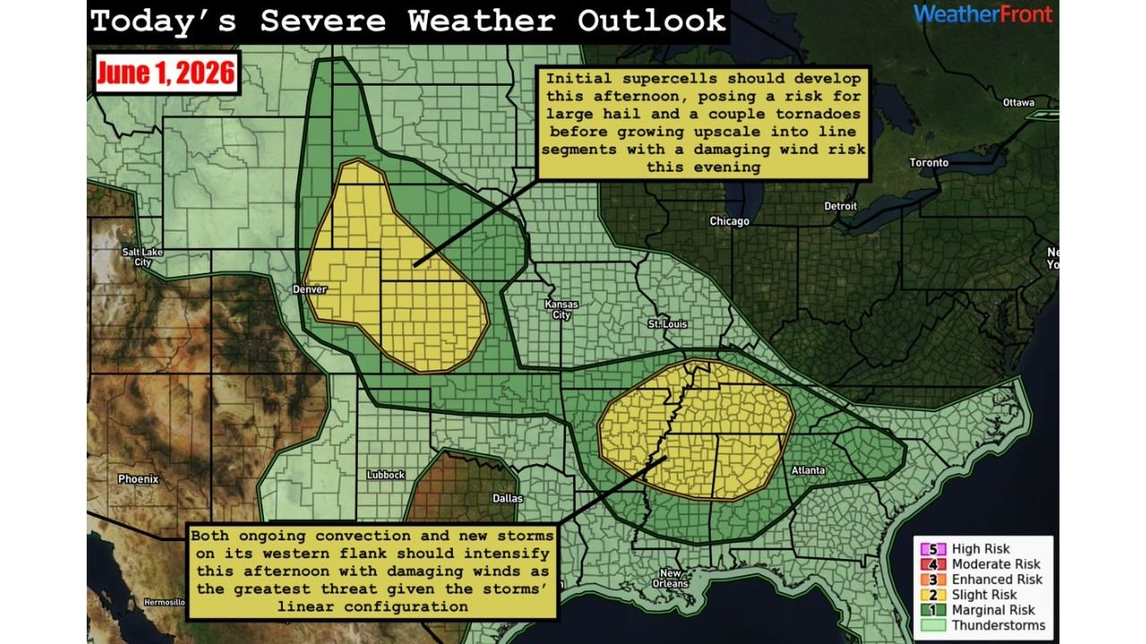 Central High Plains and Mid-South Southeast Under Dual Slight Risk with Supercells Large Hail Tornadoes and Damaging Winds Threatening Both Zones Today