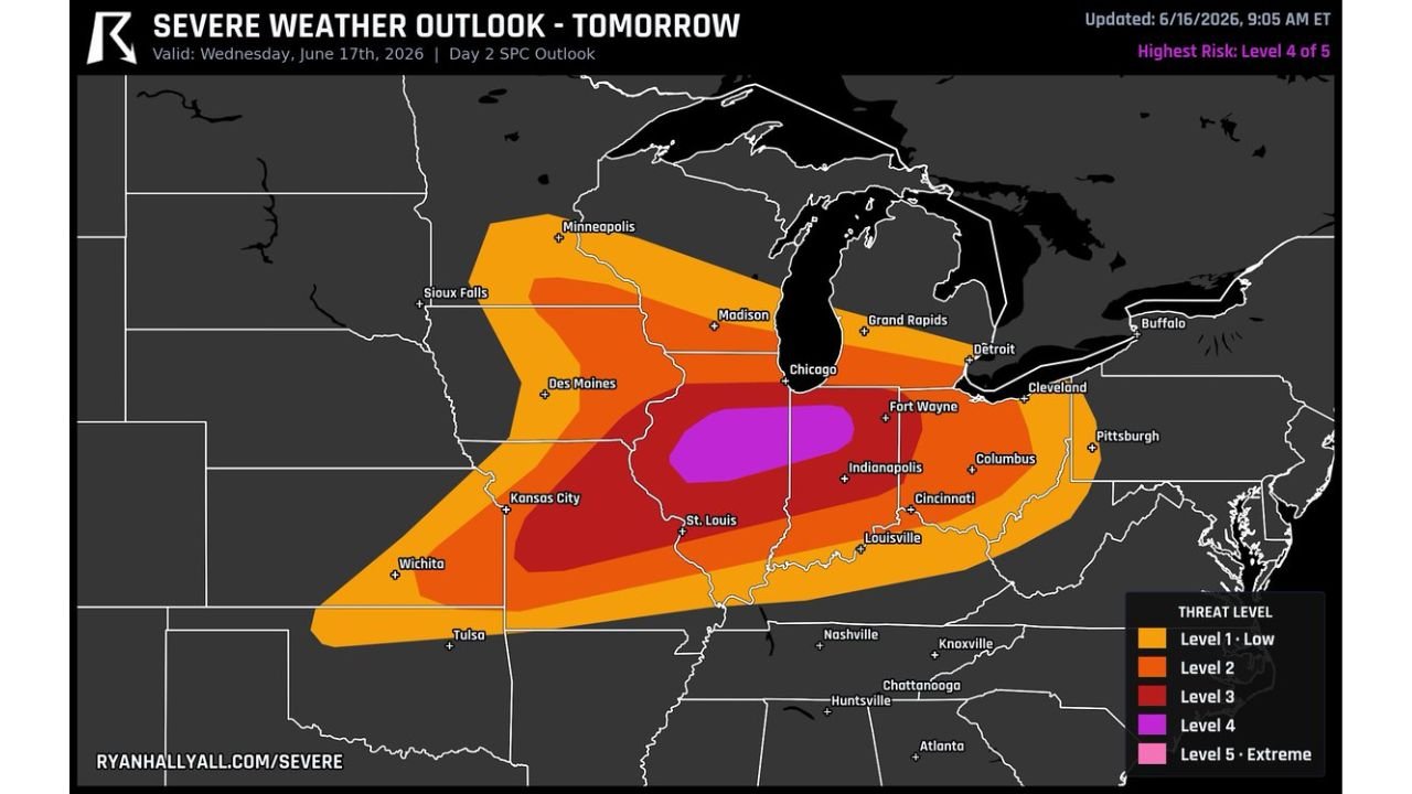 Central Illinois and Northwest Indiana Upgraded to Level 4 of 5 Outbreak Wednesday Bringing Strong Tornadoes 80 MPH Winds and Tennis Ball Hail