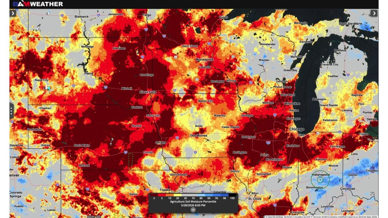 Central Plains, Midwest, and Upper Midwest Including Minnesota, Iowa, and Nebraska Showing Critically Low Soil Moisture as NASA and USDA Data Reveal Alarming Drought Conditions