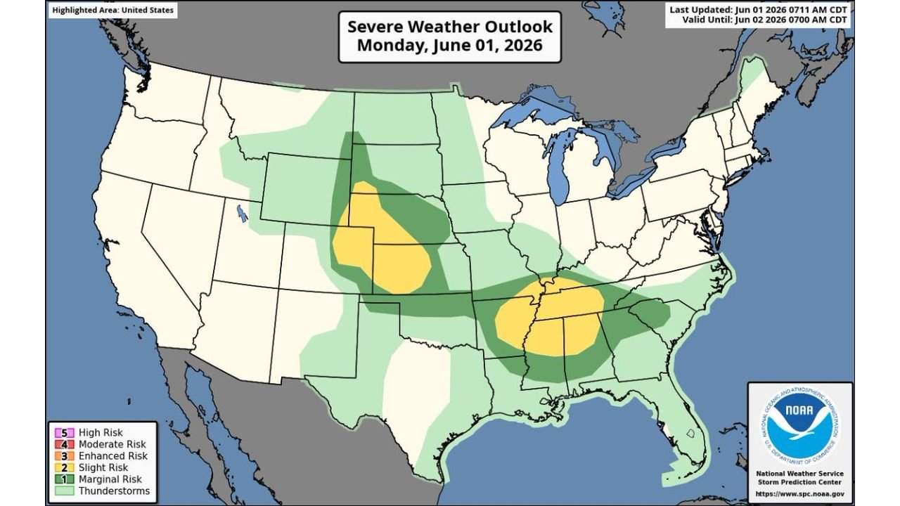 Central Plains and Southeast Hit by Large Hail and Severe Wind Gusts as SPC Issues Slight Risk Across Two Separate Zones Monday