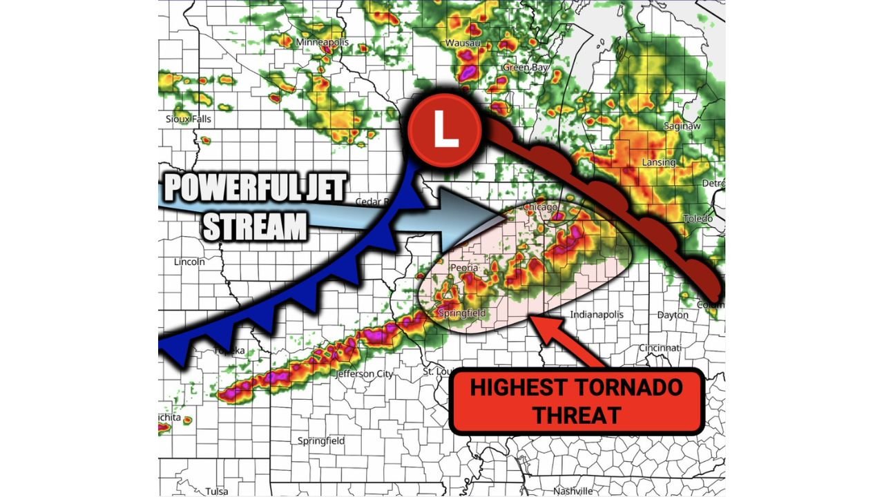Central and Northern Illinois Into Northern Indiana Face Highest Tornado Threat Wednesday as Powerful Jet Stream Combines With Strong Low Pressure System