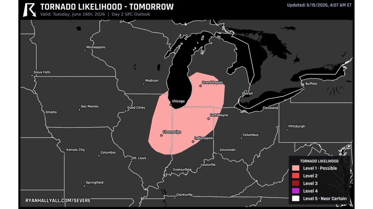 Chicago Illinois Indianapolis Indiana and Fort Wayne Indiana Most Likely Spot for Tornado Tomorrow Under Level 1 SPC Risk