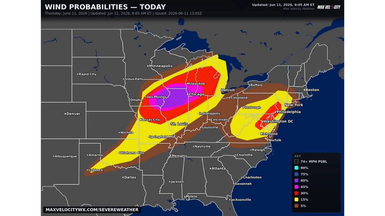 Chicago, Illinois and Davenport, Iowa See Rare 60 Percent Damaging Wind Probability Today as Dangerous Storm System Targets the Midwest