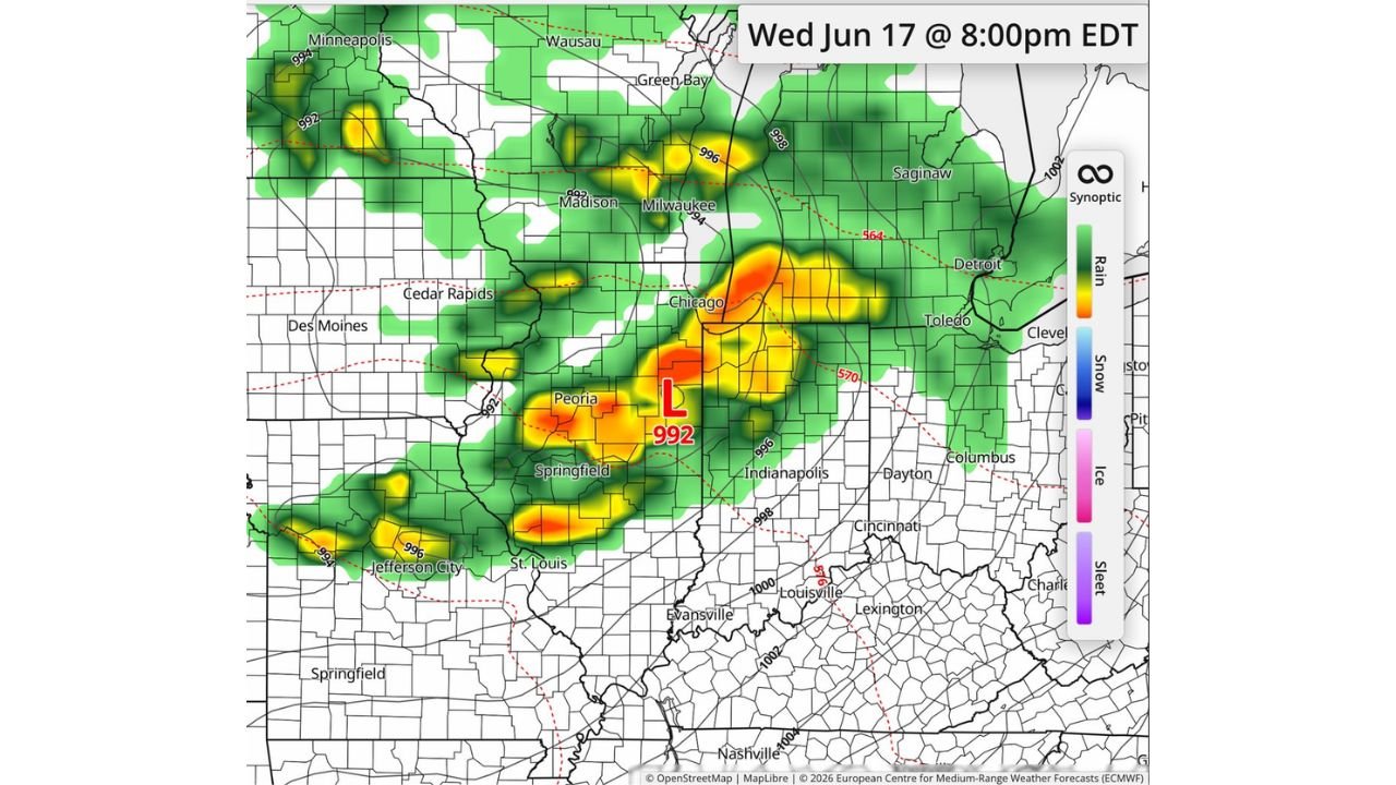 Chicago, Illinois and Indianapolis, Indiana Face Growing Tornado and Damaging Wind Concern Wednesday as Latest Model Trends Signal Significant Ohio Valley Severe Weather