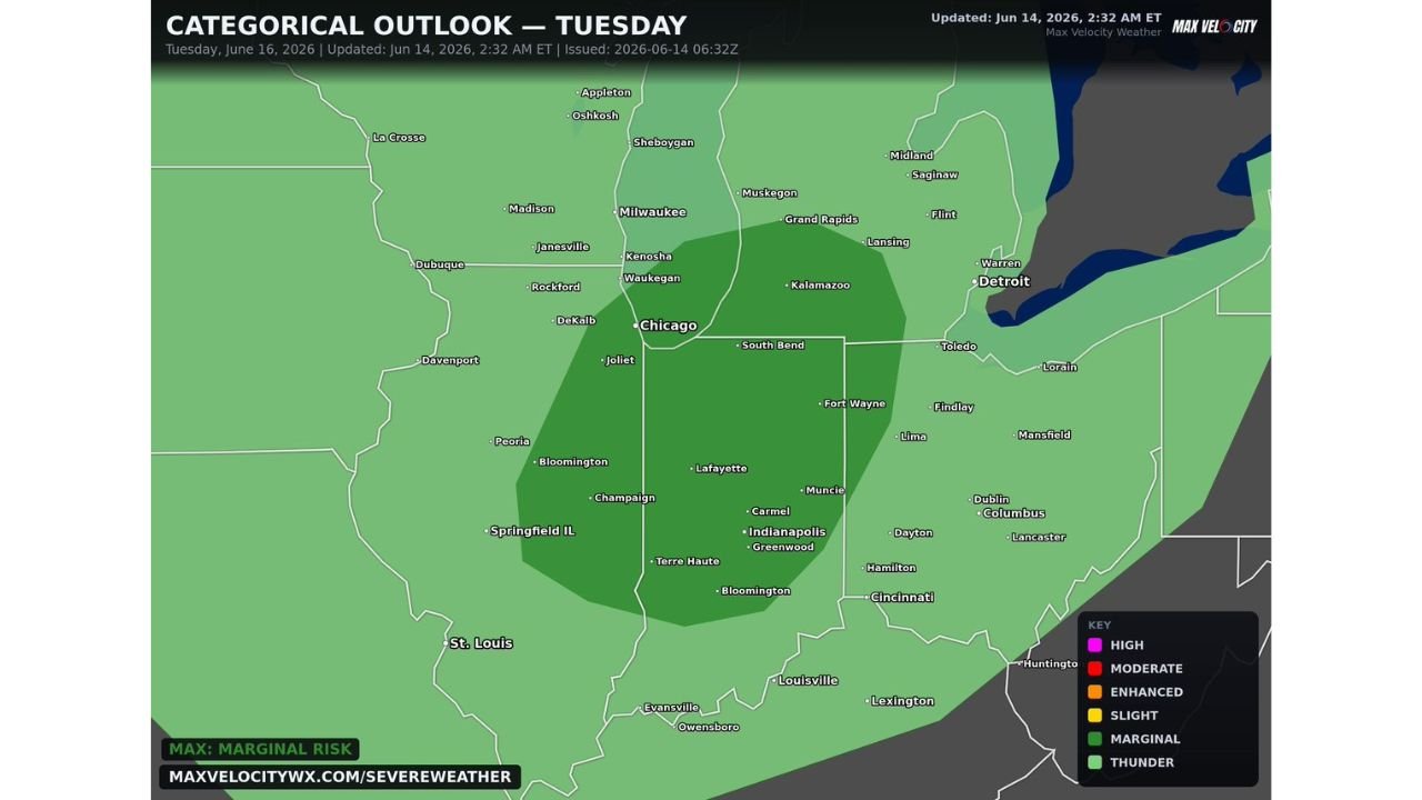 Chicago, Illinois and Indianapolis, Indiana Watching Tuesday Supercell Potential Across the Lower Great Lakes With Severe Hail and Isolated Tornado Possible