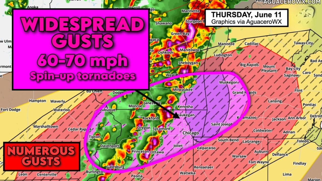 Chicago, Illinois and Milwaukee, Wisconsin Facing QLCS Squall Line Thursday Evening With Widespread 60 to 70 MPH Gusts and Spin-Up Tornadoes Possible