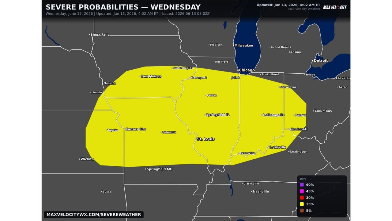 Chicago, Illinois and St. Louis, Missouri Face Growing Severe Weather Outbreak Risk Wednesday With Damaging Winds and Tornadoes Targeting the Midwest and Ohio Valley