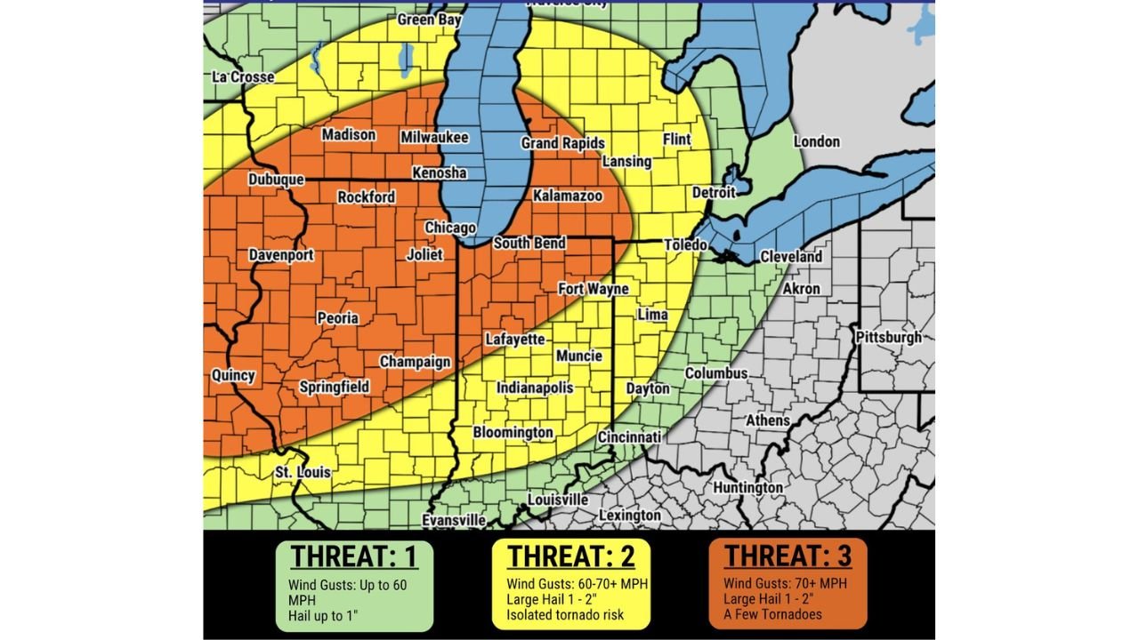 Chicago, Indianapolis, and Columbus Face Severe Storm Threat Thursday Evening With 70 MPH Winds and Tornadoes Possible Across the Midwest and Ohio Valley
