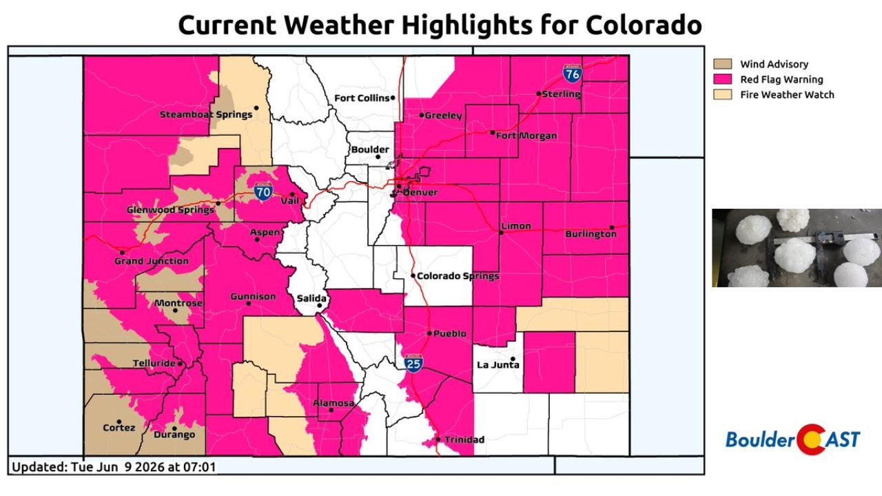 Colorado Statewide Red Flag Warning Issued Tuesday as Giant Hailstorms Battered the State Monday