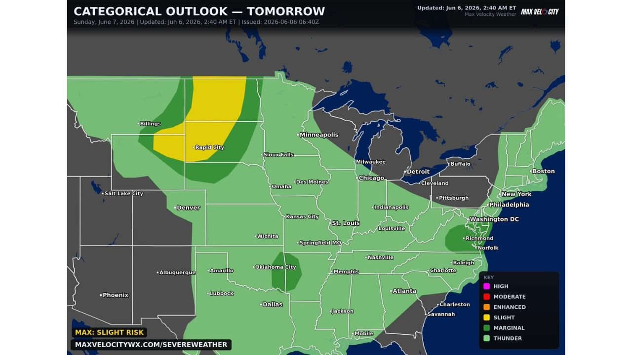 Dakotas, Eastern Oklahoma, and Central Virginia Facing Multi-Zone Severe Weather with Large Hail, Tornadoes, and Damaging Winds as Slight Risk Targets Rapid City Sunday June 7