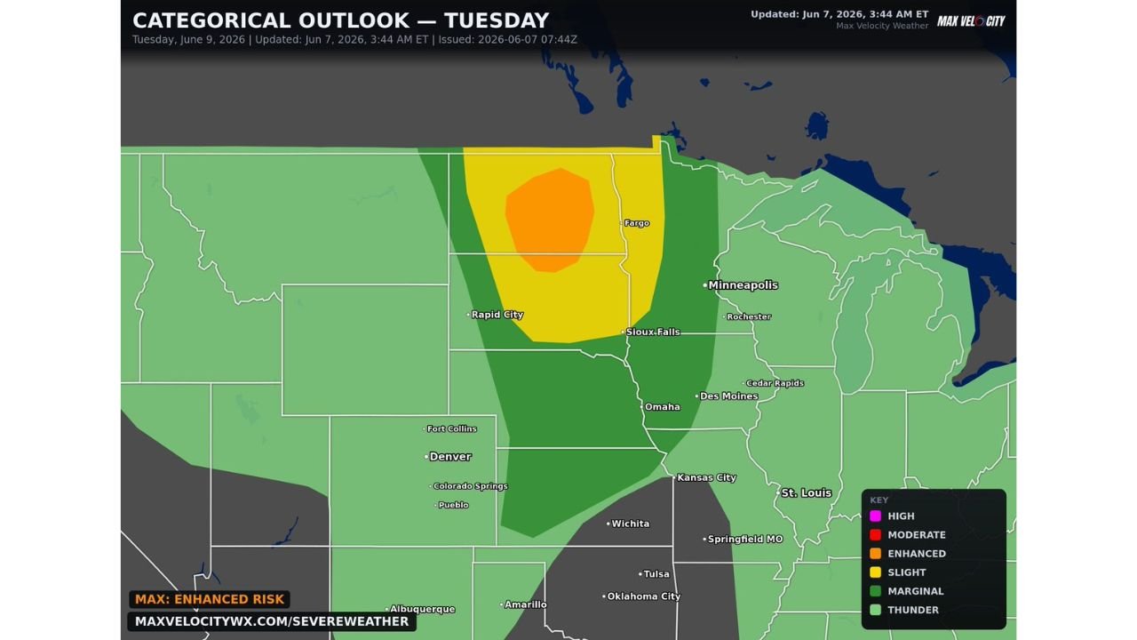 Dakotas and Western Minnesota Including Fargo and Sioux Falls Under Enhanced Risk with All Hazards and Significant Tornadoes Possible as Powerful Shortwave Targets Region Tuesday June 9
