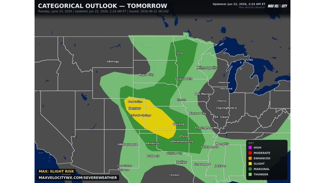 Denver, Cheyenne, Wichita, Oklahoma City Face Slight Risk Tuesday With Significant Severe Hail, Damaging Winds, 2 Percent Tornado Chance Near Cheyenne and Denver
