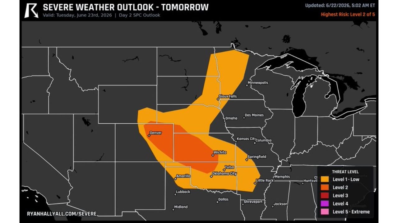 Eastern Colorado, Western Kansas, Northern Oklahoma Face Level 2 Severe Risk Tuesday With Very Large Hail From Afternoon Lone Cells Then Damaging Winds Overnight as Storms Clump Into Line