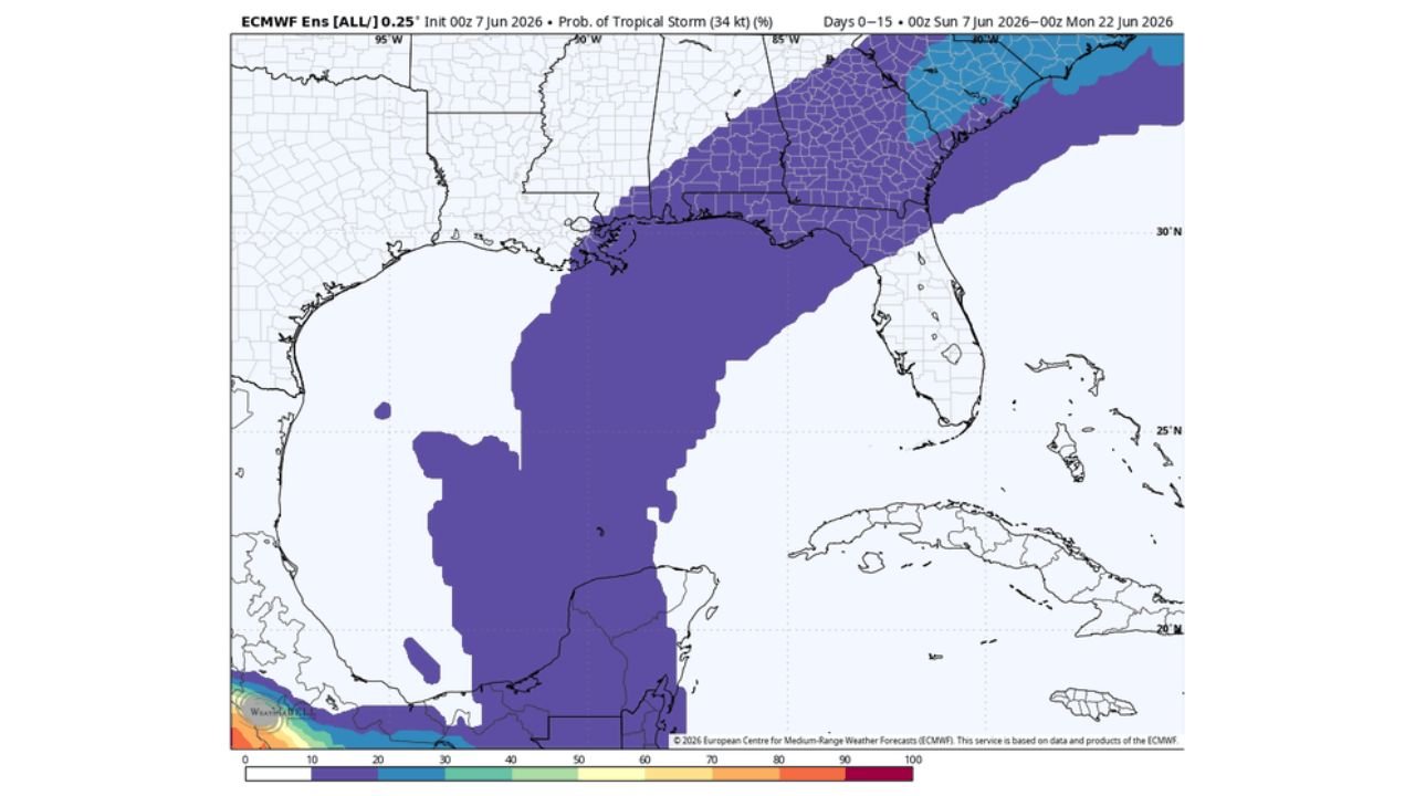 Gulf of Mexico, Louisiana, Mississippi, Alabama, and Florida Seeing Decreased Tropical Storm Formation Odds Dropping to 10 to 20 Percent as ECMWF Reduces Mid-Month Risk Through June 22