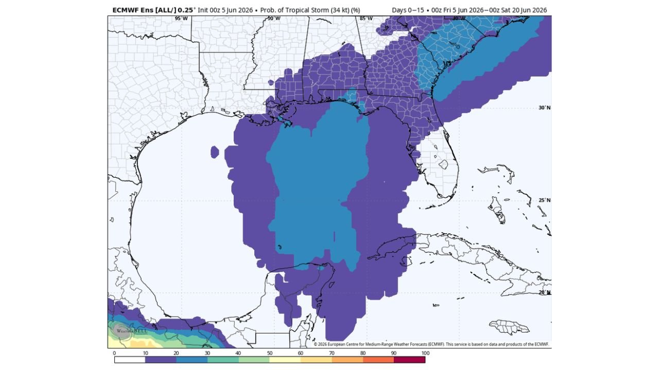 Gulf of Mexico and Gulf Coast States Monitoring 20 to 30 Percent Tropical Storm Formation Chance in Mid-June as ECMWF Hints at Potential System While Atlantic Stays Quiet