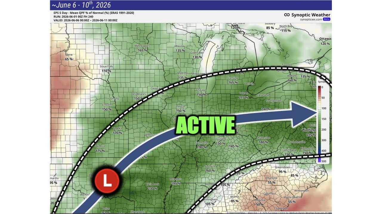 Illinois, Indiana, Ohio, Tennessee, and Mid-Atlantic States Facing Return of Active Storm Pattern with Above Normal Rainfall Expected June 6 to 10