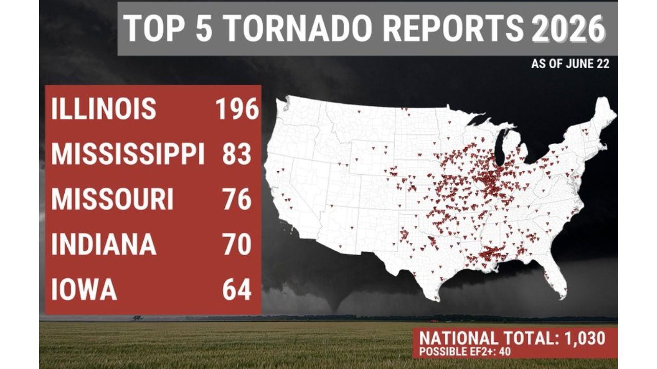 Illinois Leads Nation With 196 Tornado Reports in 2026 as National Count Tops 1030 With Indiana, Mississippi, Missouri, Iowa Rounding Out Top 5