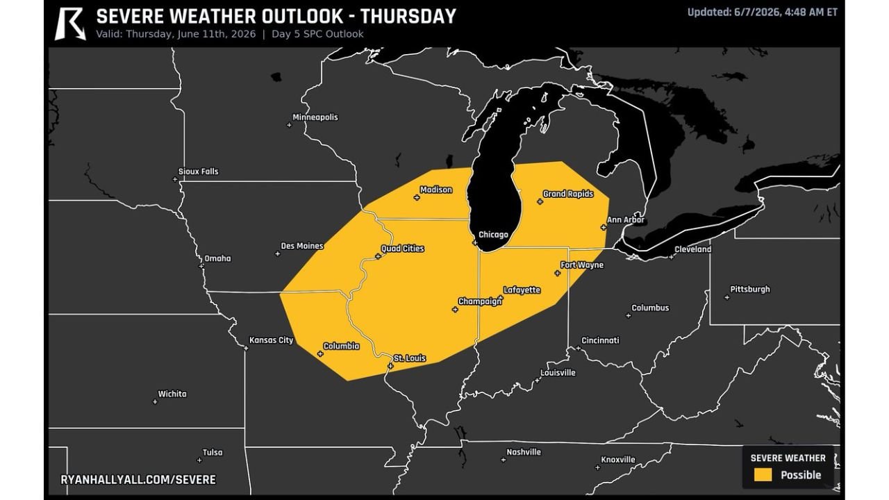 Illinois, Michigan, and Indiana Including Chicago, St. Louis, and Grand Rapids Facing Possible Severe Weather as Strong Cold Front Meets High Moisture Thursday June 11