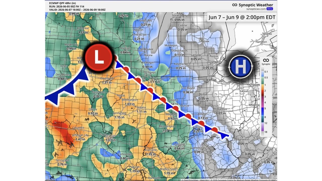 Illinois and Indiana Including Chicago, Springfield, and Indianapolis Seeing Rising Rainfall Signal with Critical Rain of 1 to 1.5 Inches Expected Sunday Through Tuesday June 7 to 9