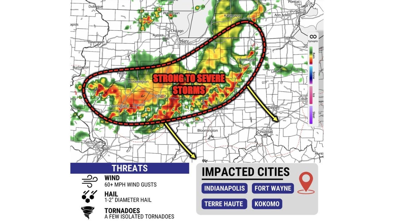 Indianapolis, Fort Wayne, Terre Haute, and Kokomo Indiana Hit by Severe Storms Wednesday Night Bringing 60 MPH Winds Large Hail and Isolated Tornadoes