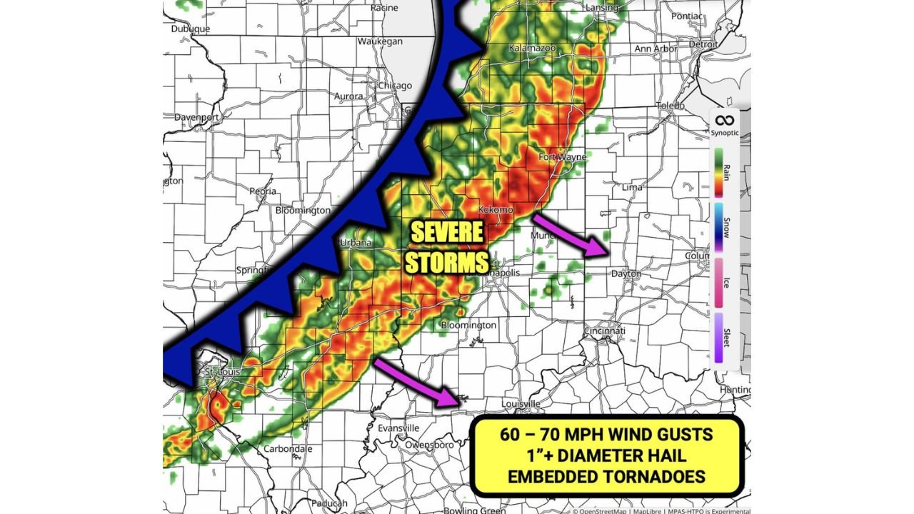 Indianapolis, Indiana and Fort Wayne, Indiana Hit by Severe Storm Line Thursday Night Bringing 60 to 70 MPH Winds Large Hail and Embedded Tornadoes