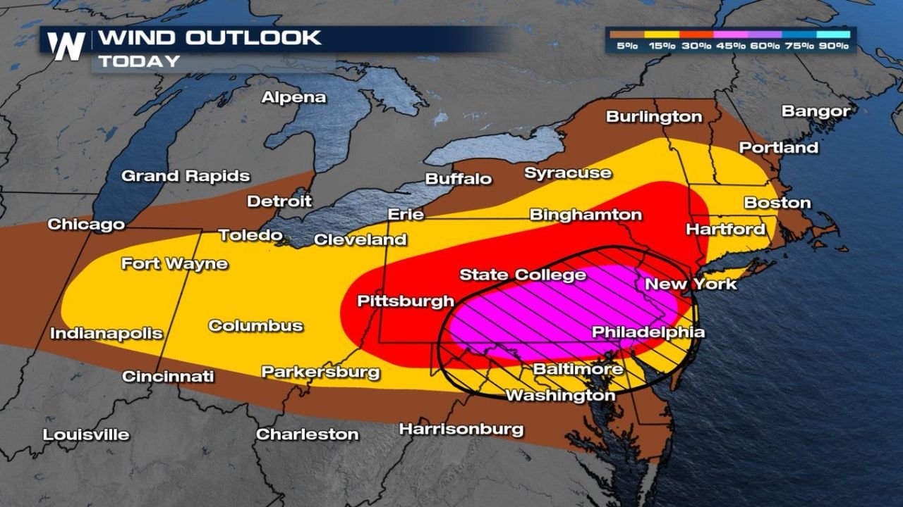Interstate 95 Corridor Including Philadelphia, New York, Baltimore, and Washington DC Upgraded to Enhanced Risk with 75 MPH Severe Winds as Southern Pennsylvania and Eastern Ohio Report Wind Damage Today