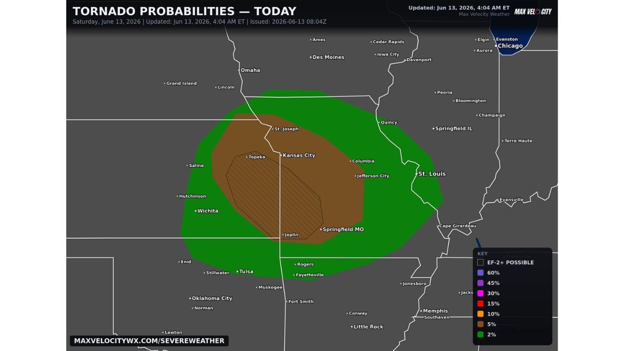 Joplin, Missouri and Topeka, Kansas Face EF-2 Tornado Possible Zone Today as Kansas City and Springfield Missouri Sit Inside the Highest Probability Corridor