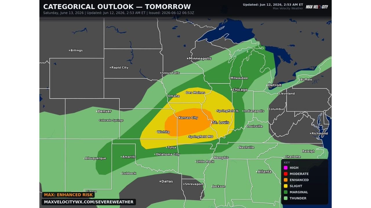 Kansas City, Missouri and St. Louis, Missouri Hit With Enhanced Risk Saturday Bringing 75 MPH Winds Tornadoes and Significant Hail From Eastern Kansas to Illinois