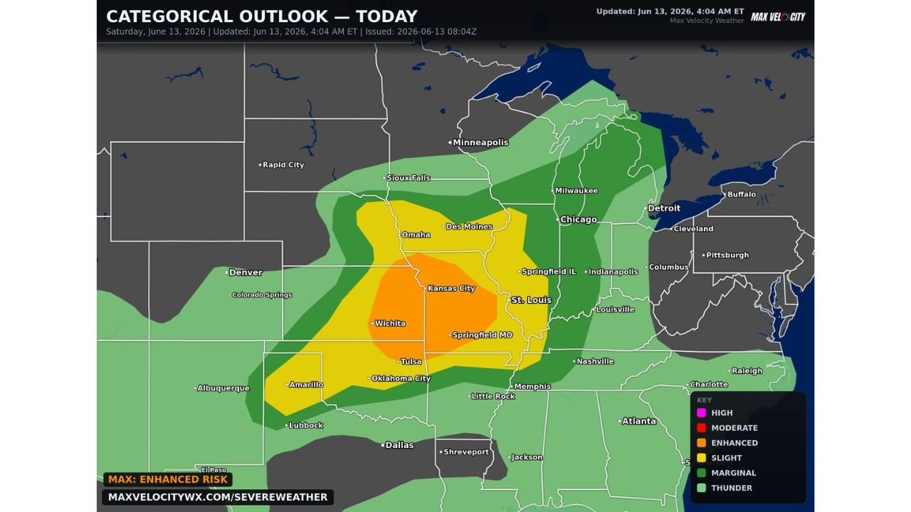 Kansas City, Missouri and Wichita, Kansas Face Enhanced Risk Severe Weather Today With Large Hail Damaging Winds and Strong Tornadoes Possible From Texas to Michigan
