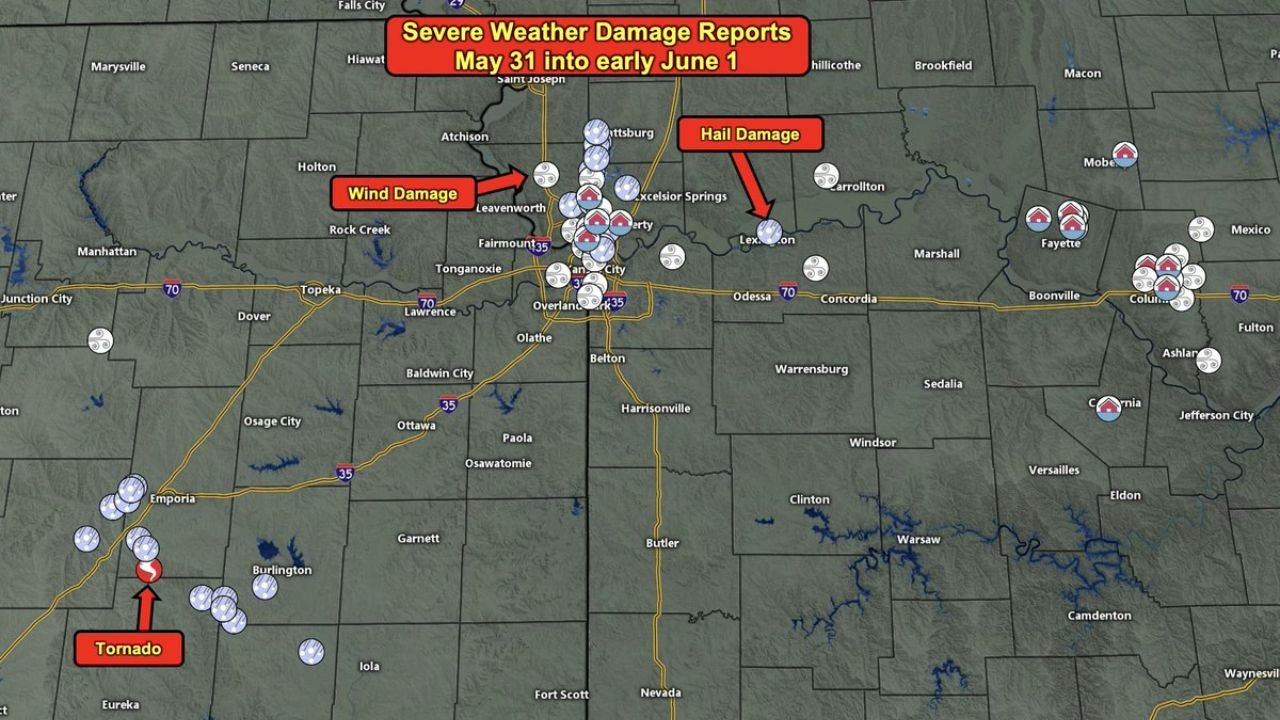 Kansas City and Eastern Kansas Hit by Tornado, Large Hail, Wind Damage, and Flooding as Damage Reports Confirmed from May 31 into June 1