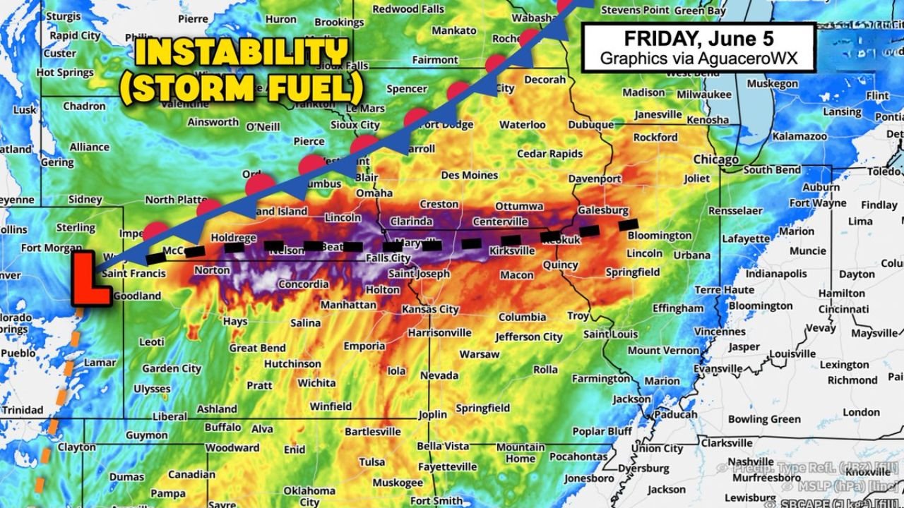 Kansas, Nebraska, Missouri, and Iowa Border Region Loaded with Extreme Storm Fuel as Surface Heating Ignites Late Day Storms with Upper Air Disturbances 450 to 600 Miles Away Friday June 5