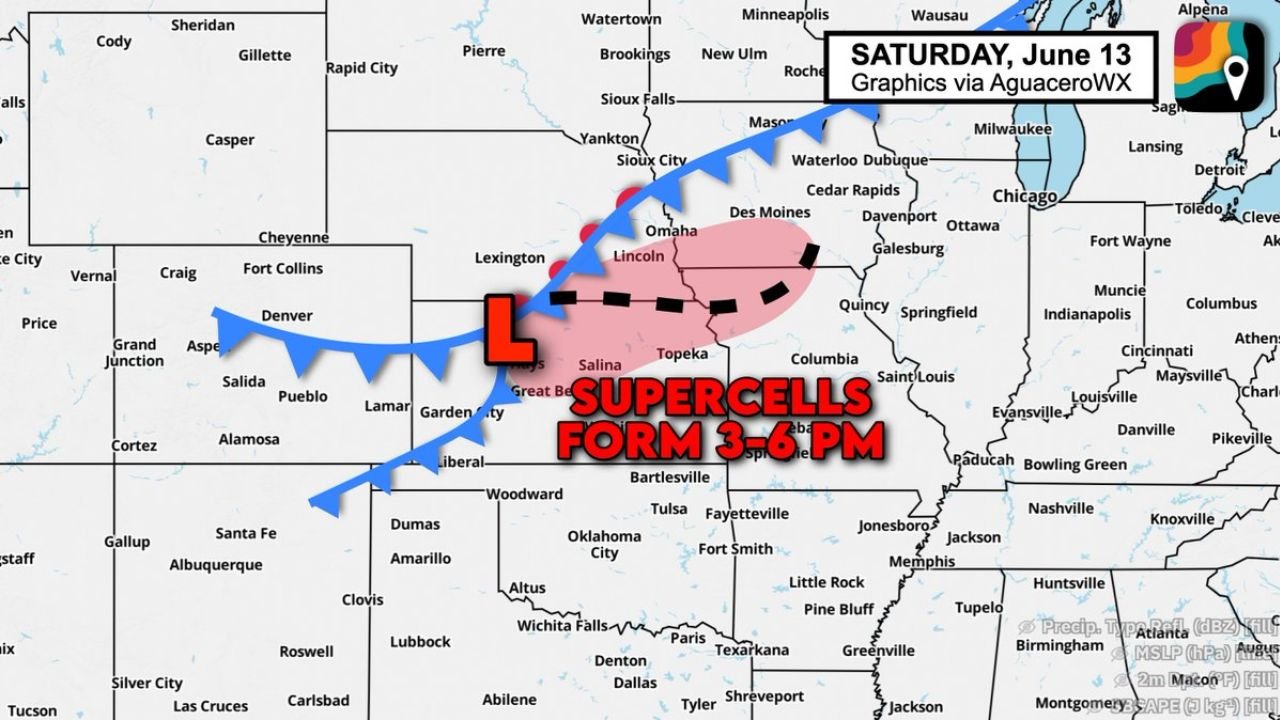 Kansas and Nebraska Supercells Forming Between 3 and 6 PM Saturday Bringing Tornado and Hail Risk Before Merging Into Damaging Wind Lines Tonight