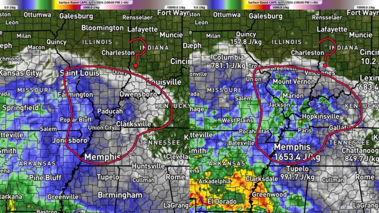 Kentucky, Indiana, Illinois, Missouri, Ohio Valley See Forecast Change as CAPE Surges Past 1600 J/kg Near Memphis, Boosting Tonight's Severe Storm Potential