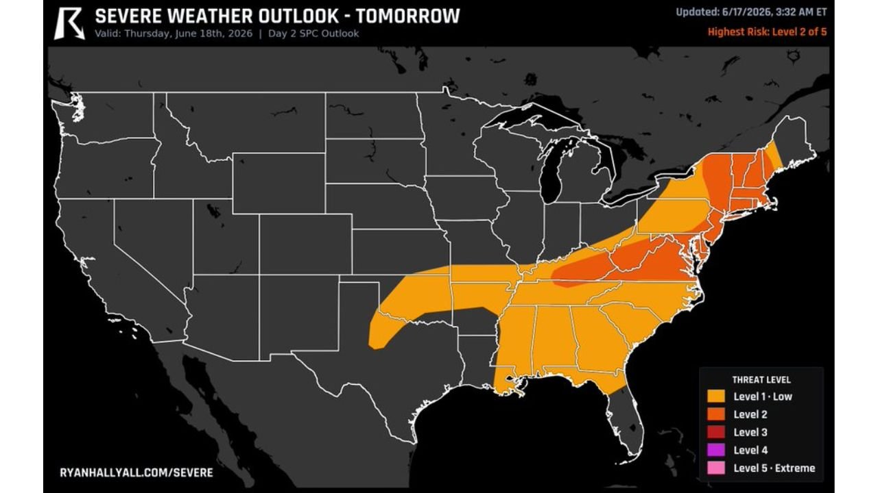 Kentucky Virginia and New York Face Level 2 Damaging Wind Threat Thursday as Fast Moving Storm Line Targets the Mid-Atlantic and Northeast