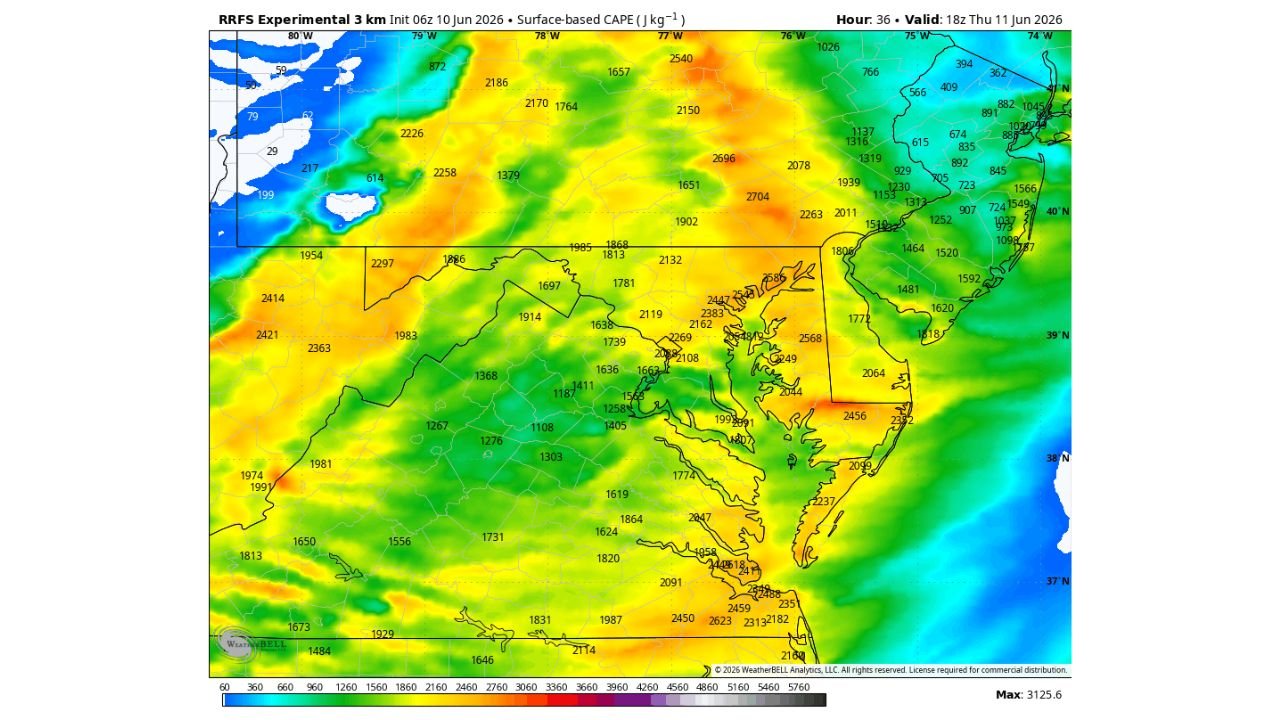 Maryland Atmosphere Loaded With High CAPE Values Through Thursday as Strong Storm Potential Builds Wednesday Through Friday