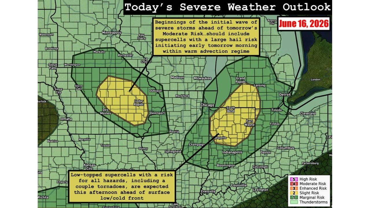 Michigan and Indiana Face Slight Risk Tornadoes Today While Iowa Supercells Fire Early Tomorrow Ahead of Wednesday Moderate Risk Outbreak
