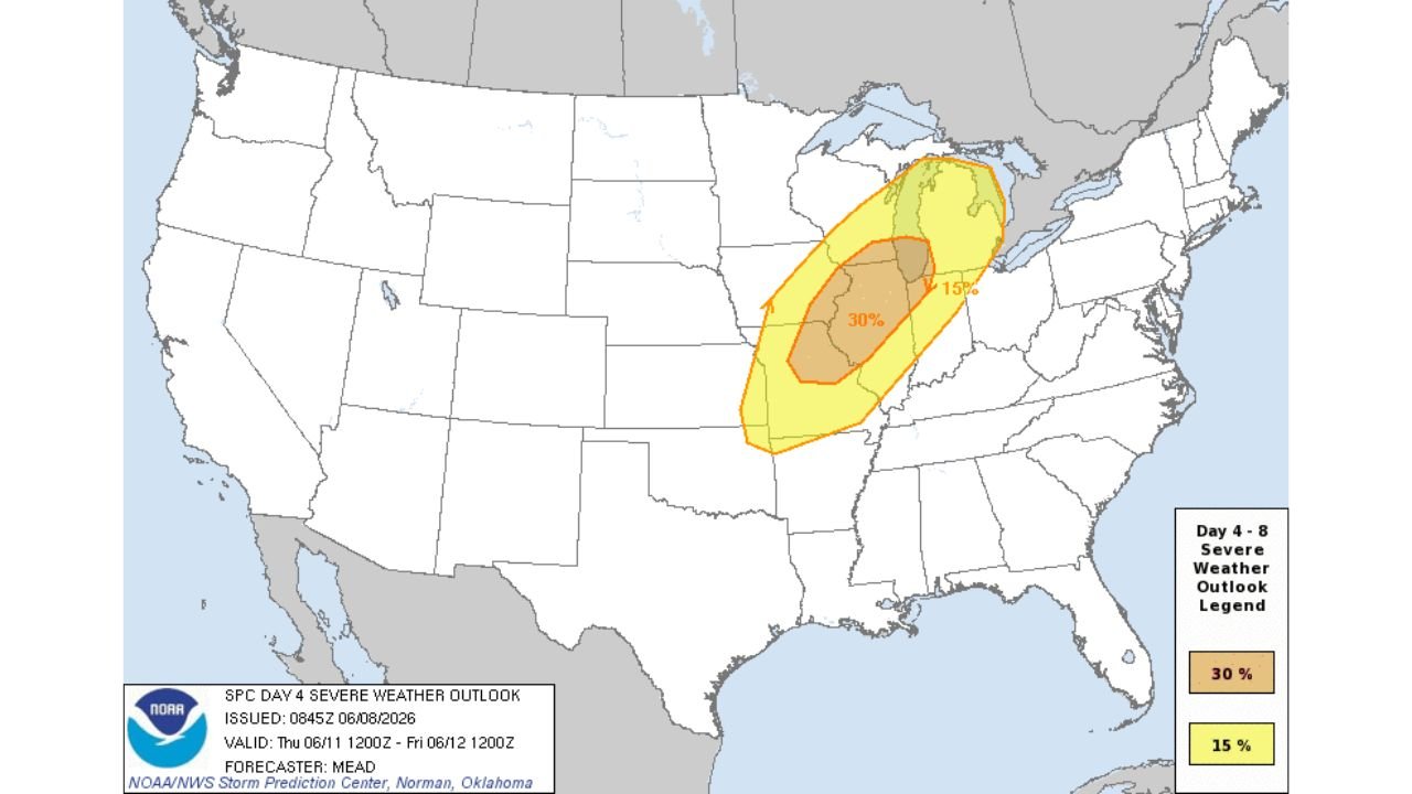 Midwest Including Illinois, Indiana, and Michigan Upgraded to 30 Percent Enhanced Risk with Significant Damaging Winds and Tornadoes as SPC Raises Concern for Thursday June 11