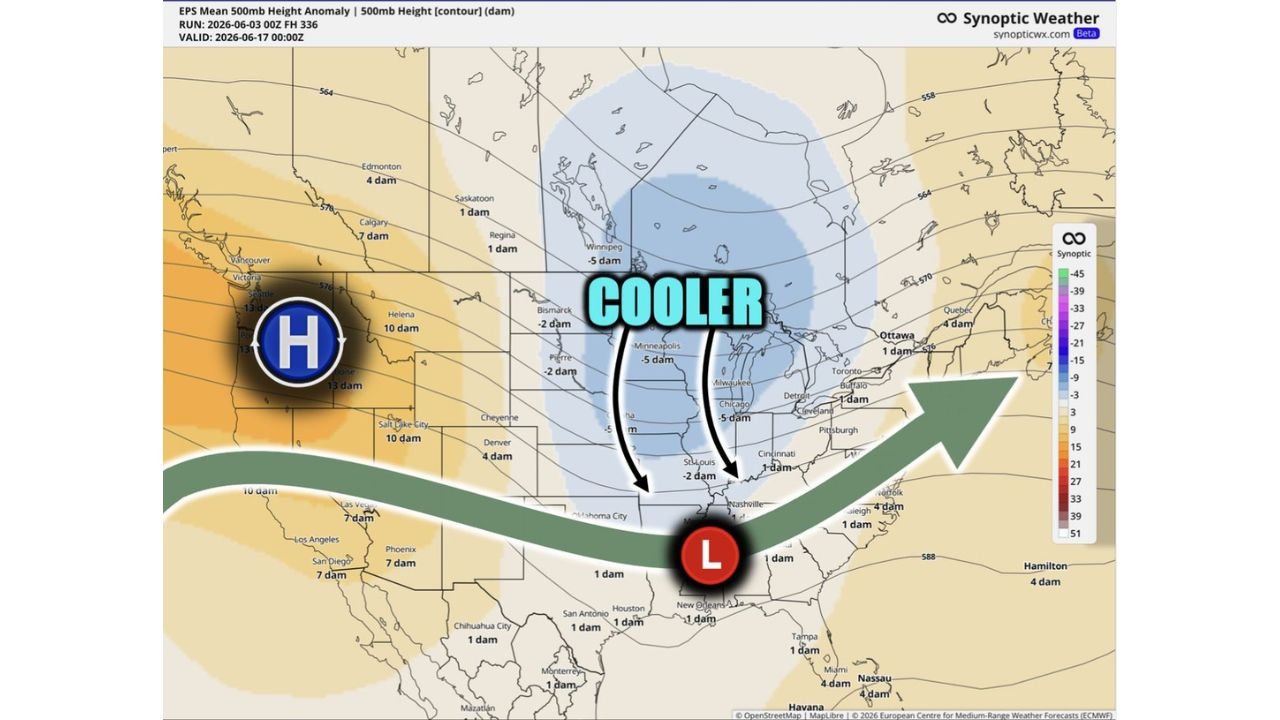 Midwest Including Minnesota, Wisconsin, Illinois, and Ohio Getting Brief Cooler Air Shot as Strong Cold Front Moderates Temperatures Around June 15 to 20