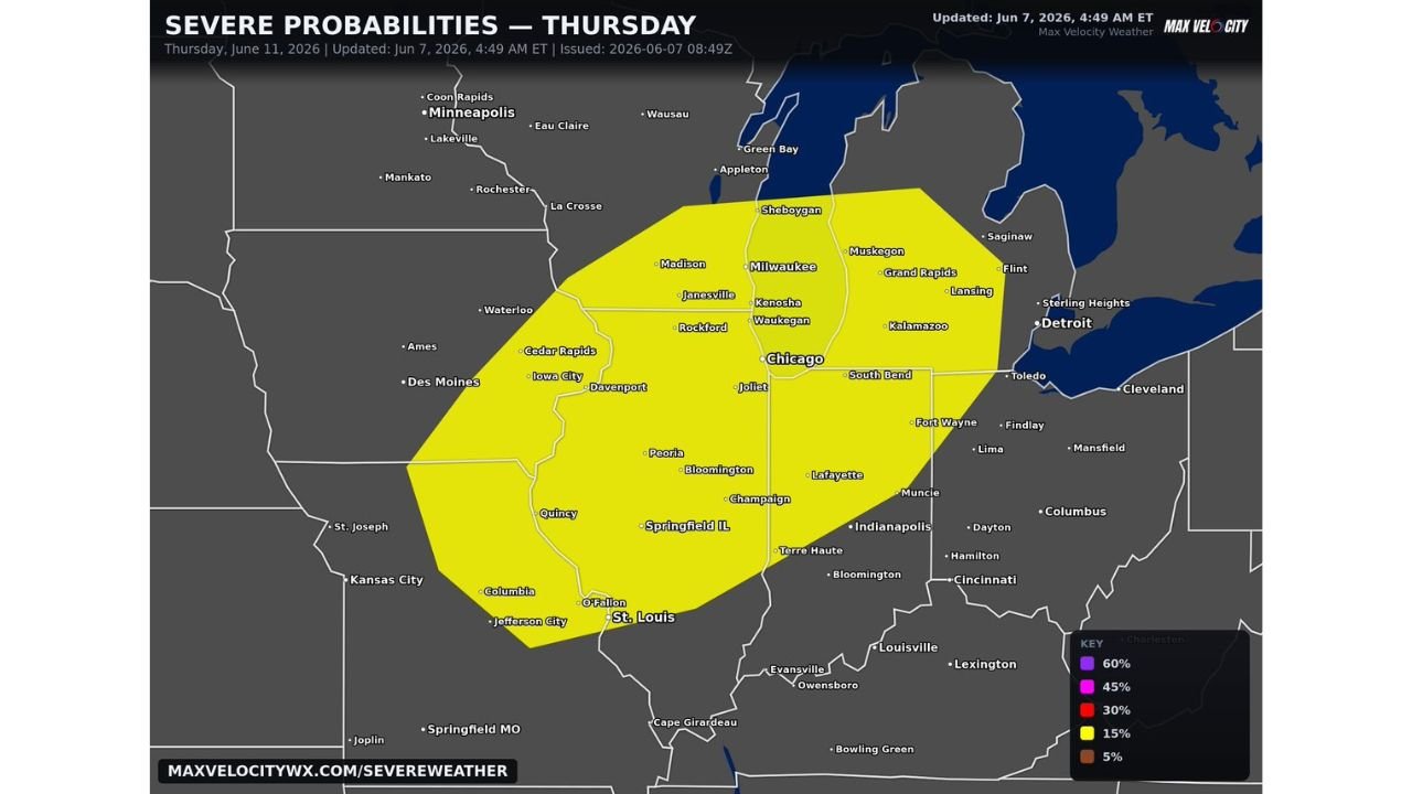 Midwest and Great Lakes Including Chicago, Milwaukee, St. Louis, and Indianapolis Facing Significant Severe Weather with Very Large Hail, Damaging Winds, and Tornadoes Thursday June 11