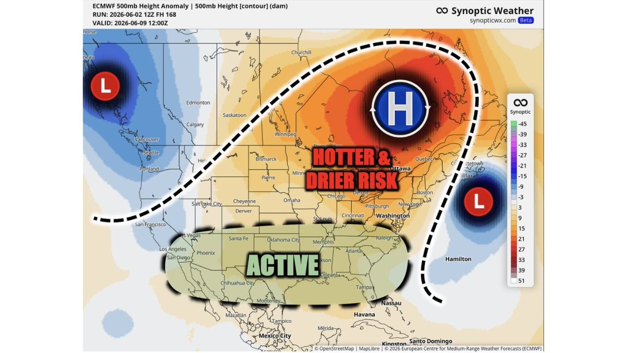 Midwest and Great Lakes Including Minnesota, Wisconsin, Michigan, and Ohio Facing Hotter and Drier Risk as Omega Block Locks In Strong High Pressure Around June 9