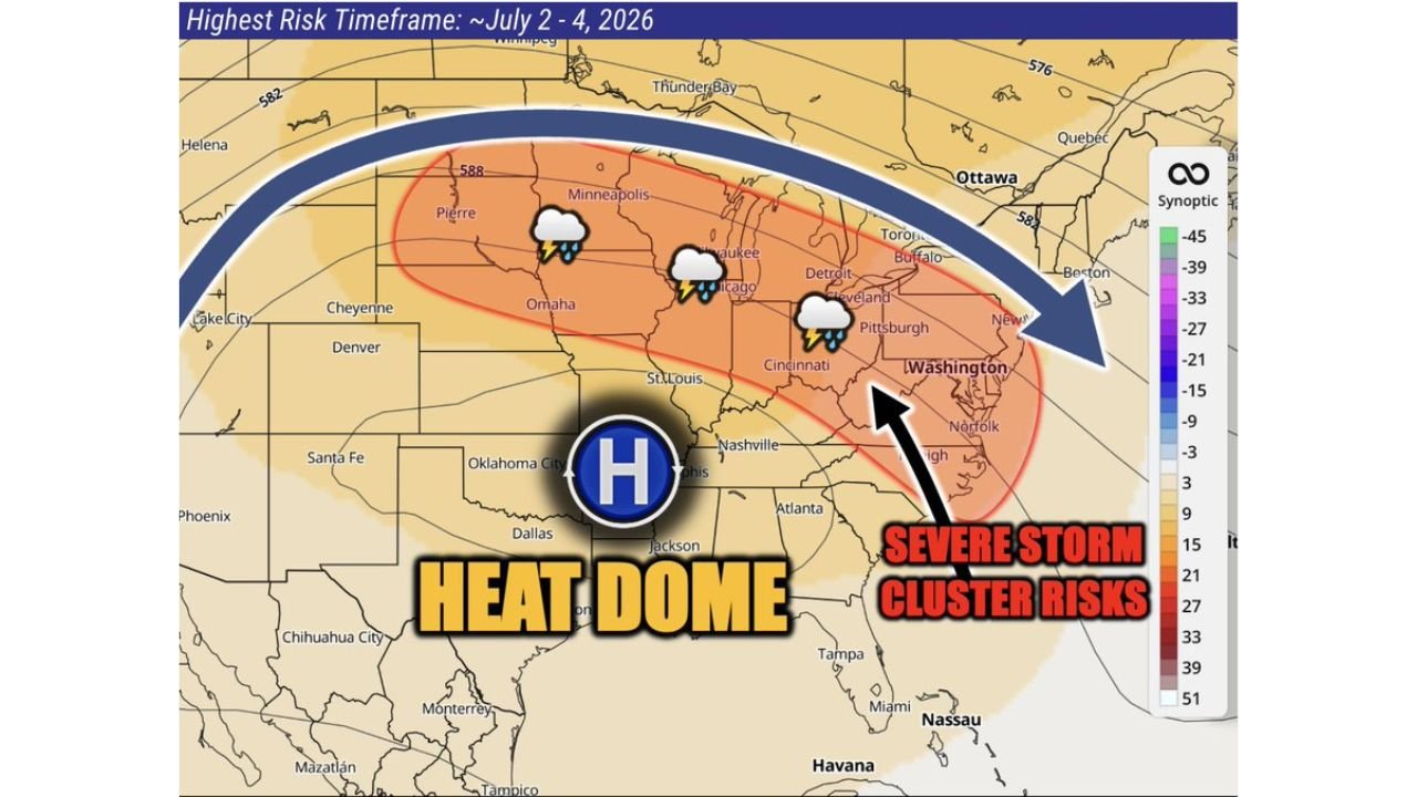 Minneapolis, Chicago, Detroit, Pittsburgh, Cleveland, Washington DC Face Ring of Fire Severe Storm Cluster and Derecho Risk July 2 Through 4 Around Heat Dome