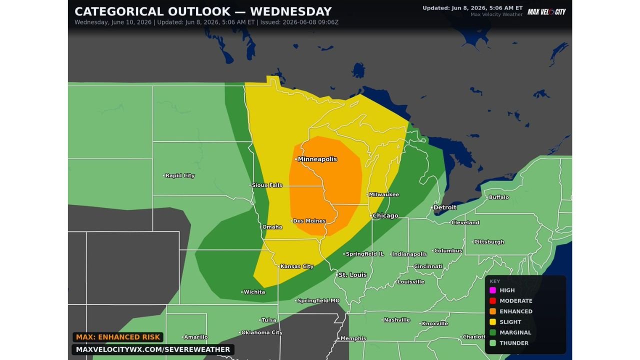 Minneapolis, Wausau, and Rockford Including Milwaukee, Chicago, and Kansas City Facing Severe Weather Outbreak with Damaging Winds, Very Large Hail, and Strong Tornadoes as Enhanced Risk Shifts East Wednesday June 10