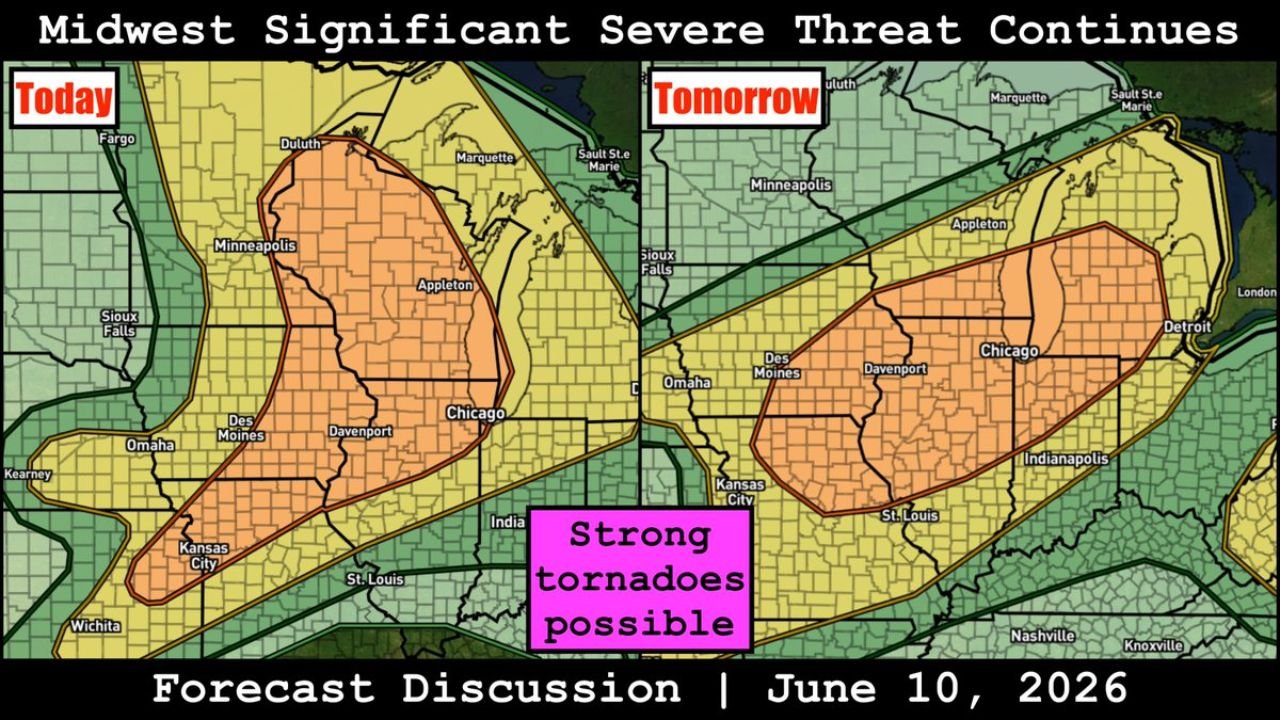 Minnesota, Iowa, Illinois, and Missouri Facing Multiple Rounds of Severe Storms Today and Tomorrow With Strong Tornadoes and Damaging Winds Likely