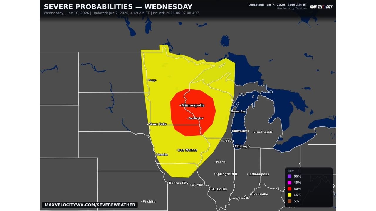 Minnesota, Iowa, Wisconsin, and North Dakota Including Minneapolis, Sioux Falls, and Des Moines Facing Growing Severe Weather Outbreak with Strong Tornadoes, Very Large Hail, and Widespread Damaging Winds Wednesday June 10