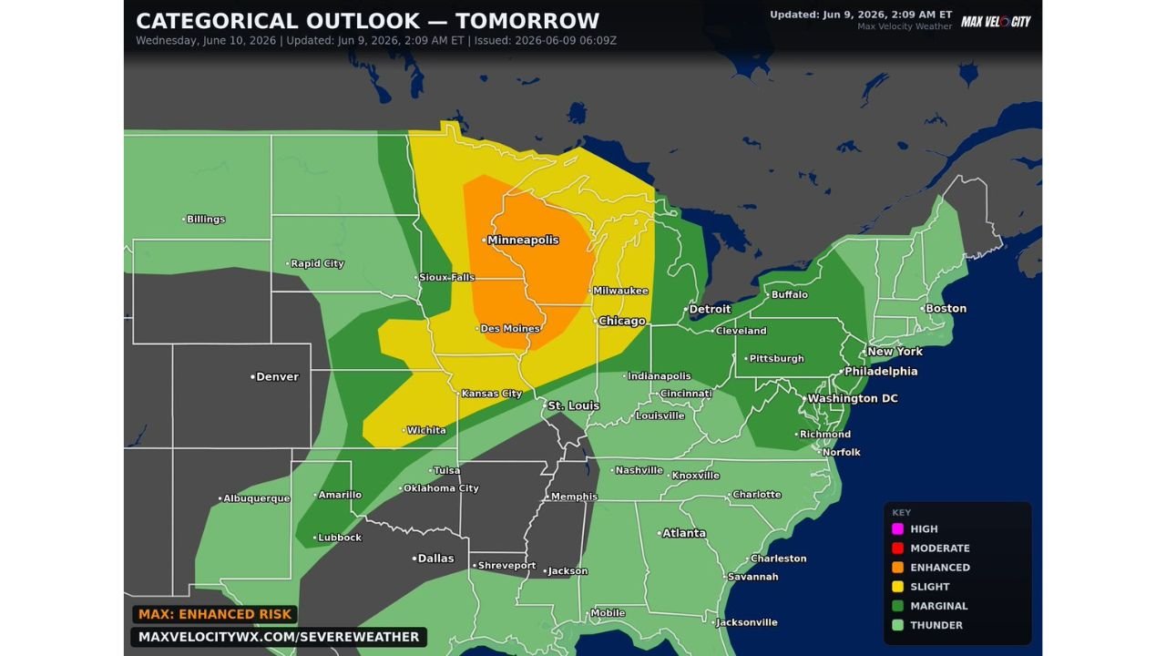 Minnesota, Wisconsin, Iowa, and Illinois Face Enhanced Risk Severe Storms Wednesday With 70 MPH Winds and Strong Tornadoes Possible