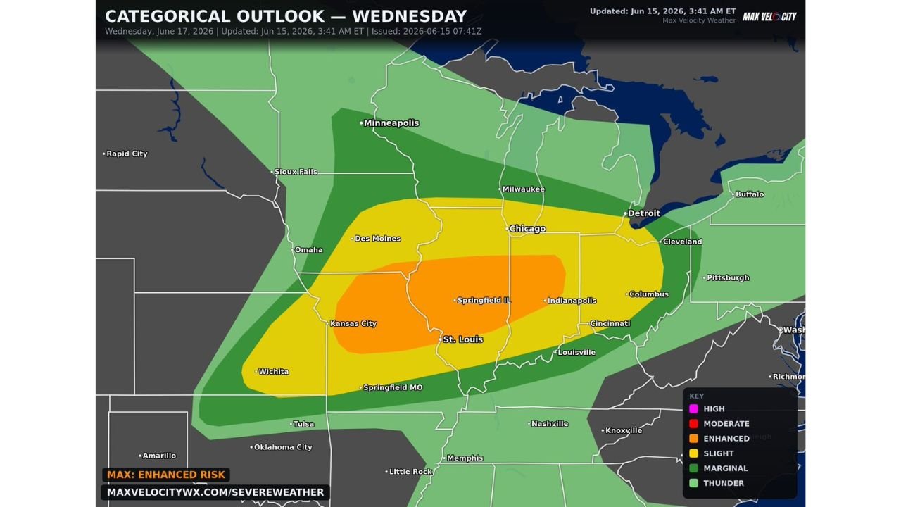 Missouri Illinois and Indiana Face Enhanced Risk Wednesday With Significant Severe Thunderstorms Bringing Supercells Severe Hail and Tornadoes
