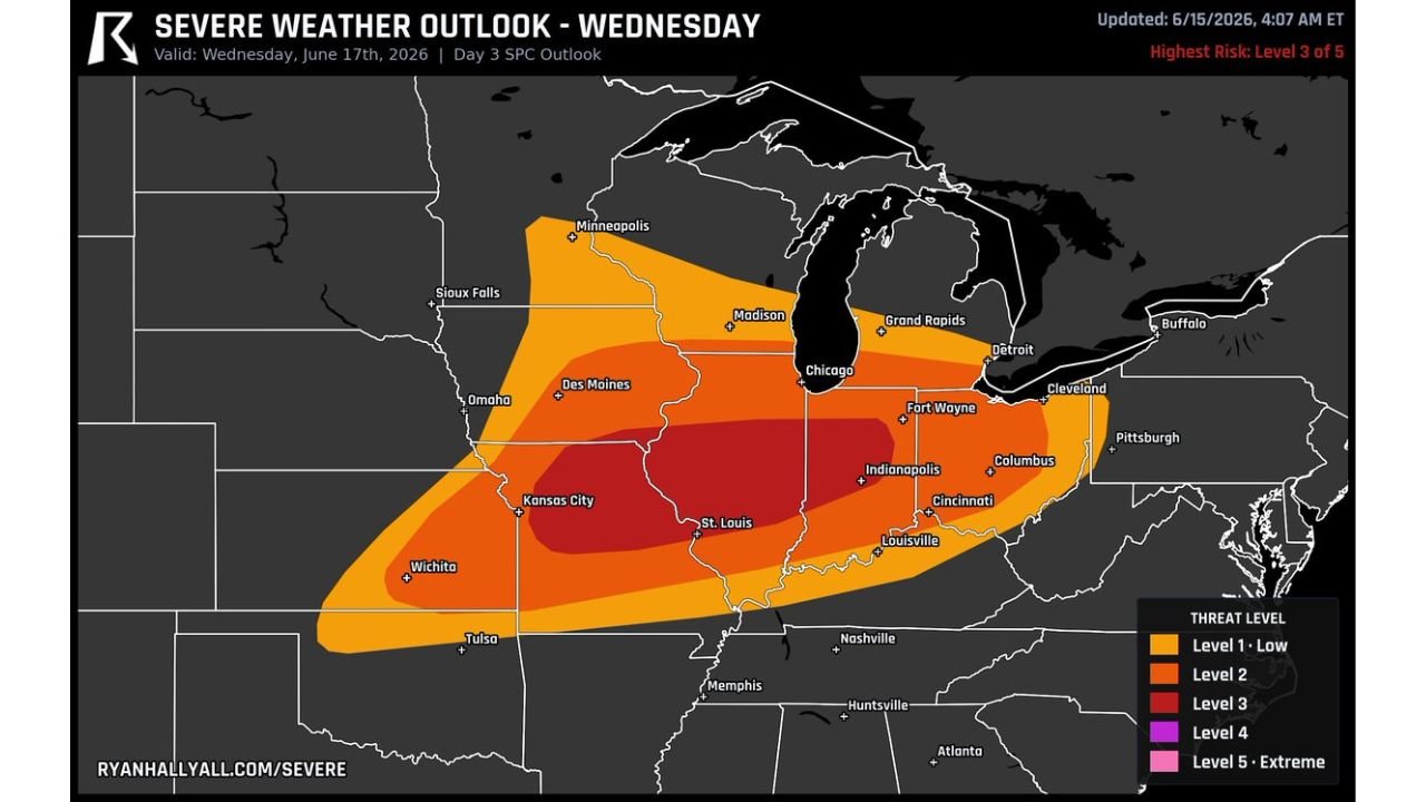 Missouri Illinois and Indiana Hit With Level 3 SPC Risk Wednesday Bringing Strong Tornadoes and 70 MPH Damaging Wind Line in All Hazards Setup