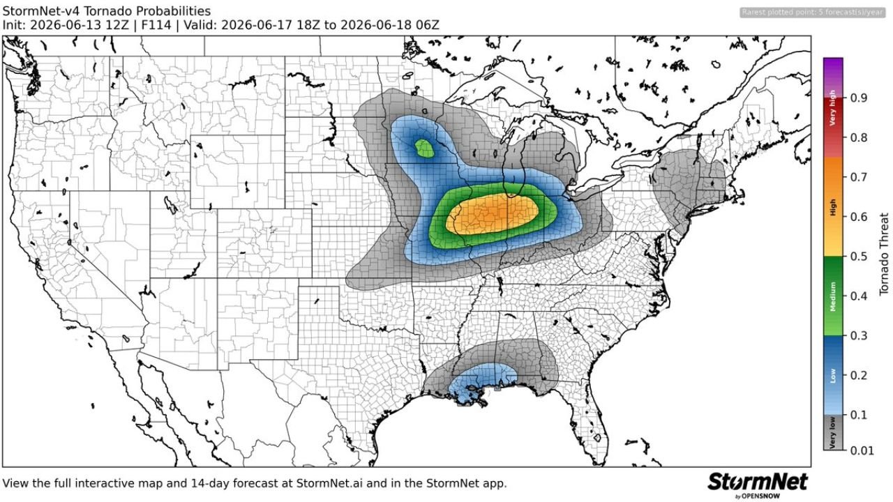 Missouri, Illinois, and Kentucky Show Elevated Tornado Threat Wednesday as StormNet AI Detects High Probability Zone for June 17