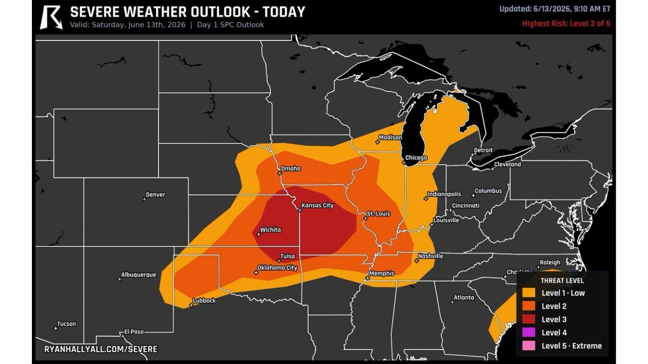 Missouri, Kansas, and Oklahoma Hit With Level 3 Severe Weather Today Bringing 75 MPH Winds Large Hail and Tornadoes Across Wichita and Kansas City This Afternoon