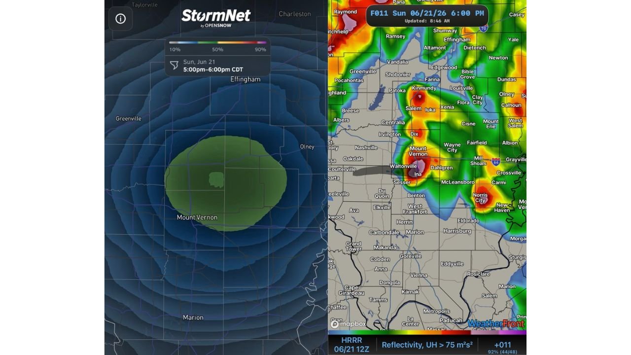 Mount Vernon Illinois, Olney Illinois Brace for Elevated Tornado Threat Tonight as Boundary Stalls Along I 64 Corridor Between 5 and 6 PM